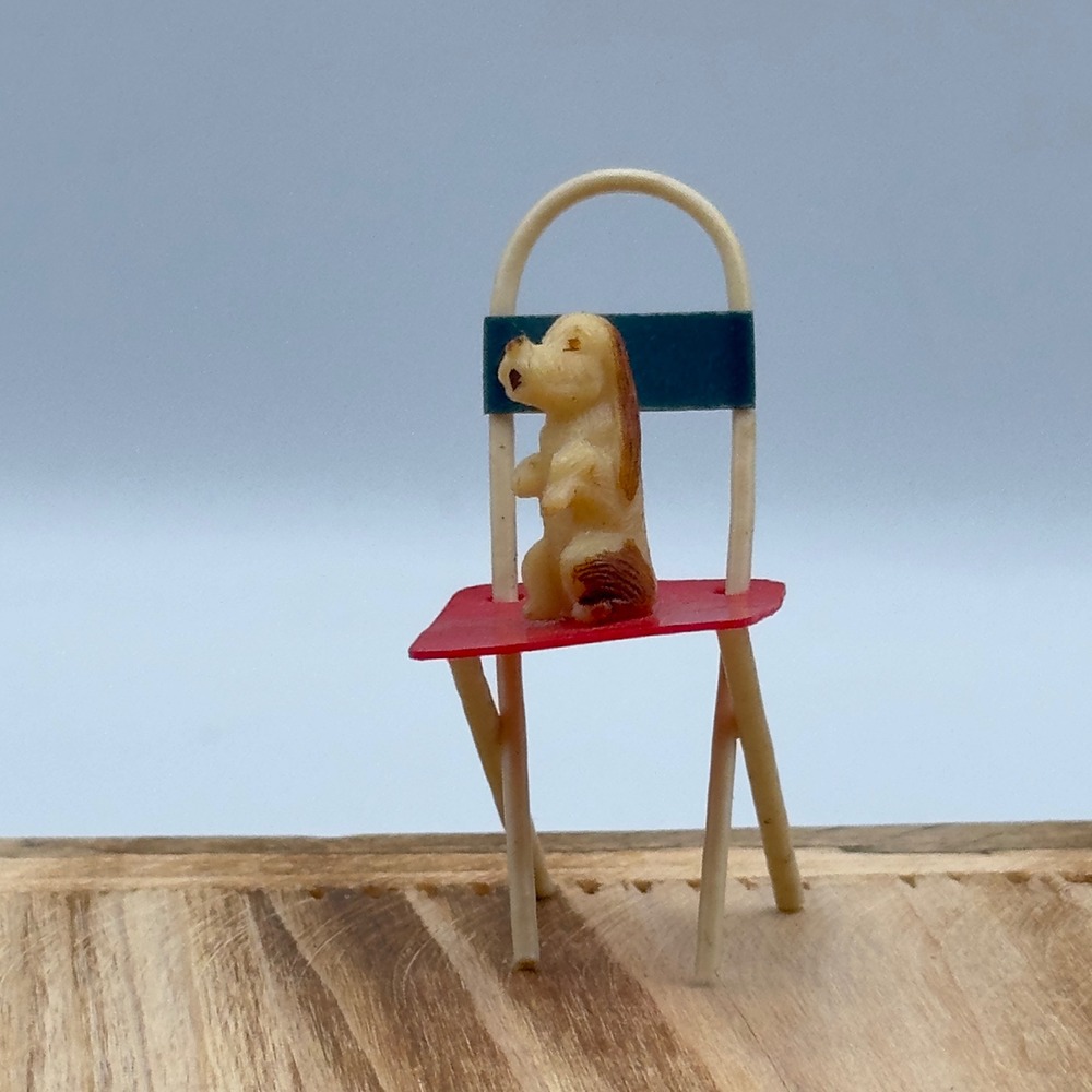 Occupied Japan Miniature Dog on Directors Chair Multi Color Celluloid 1940s 2"